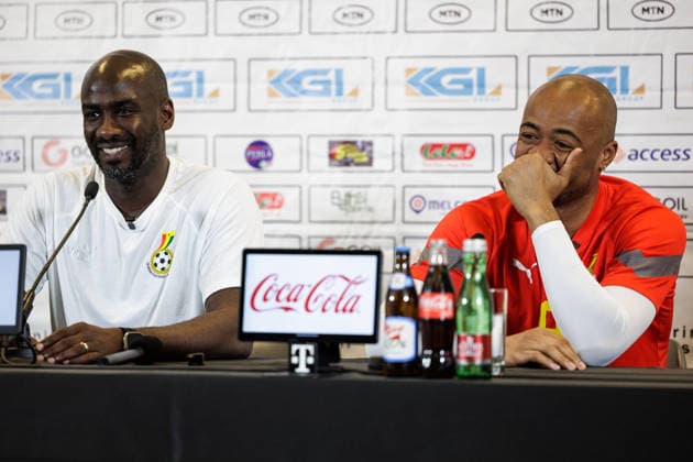 SOCCER - AUT vs GHA, test match VIENNA,AUSTRIA,26.MAR.26 - SOCCER - OEFB international test match, Austria vs Ghana, preview, press conference, PK, Pressekonferenz Team GHA. Image shows head coach Otto Addo and Jordan Ayew (GHA).  GEPAxpictures xArminxRauthner