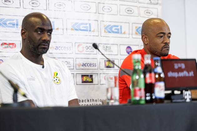 SOCCER - AUT vs GHA, test match VIENNA,AUSTRIA,26.MAR.26 - SOCCER - OEFB international test match, Austria vs Ghana, preview, press conference, PK, Pressekonferenz Team GHA. Image shows head coach Otto Addo and Jordan Ayew (GHA).  GEPAxpictures xArminxRauthner