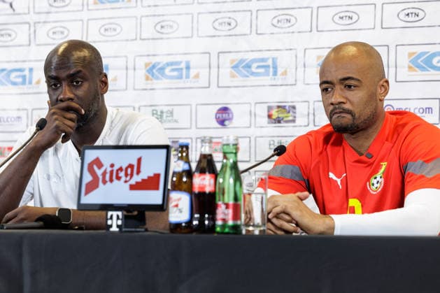 SOCCER - AUT vs GHA, test match VIENNA,AUSTRIA,26.MAR.26 - SOCCER - OEFB international test match, Austria vs Ghana, preview, press conference, PK, Pressekonferenz Team GHA. Image shows head coach Otto Addo and Jordan Ayew (GHA).  GEPAxpictures xArminxRauthner