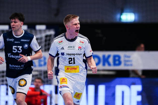 Goal celebration Frederik Bo Andersen Handball Sport Verein Hamburg, 21 GER, Handball Sport Verein Hamburg vs Bergischer HC, Handball, 1 Bundesliga, Matchday 26, Season 2025 2026, 26 03 2026 GER, Handball Sport Verein Hamburg vs Bergischer HC, Handball, 1 Bundesliga, Matchday 26, Season 2025 2026, 26 03 2026 Hamburg Copyright: xEibner-Pressefoto MarcelxvonxFehrnx EP_MFN