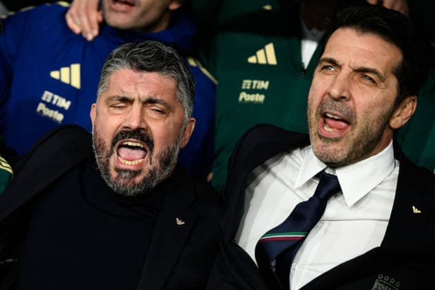 Gennaro Gattuso, head coach of Italy, and Gianluigi Buffon sing the anthem during the FIFA 2026 european Qualifier play off football match between Italy and Northern Ireland at Atleti Azzurri d Italia Stadium in Bergamo (Italy), March 26, 2026. AndreaxStaccioli