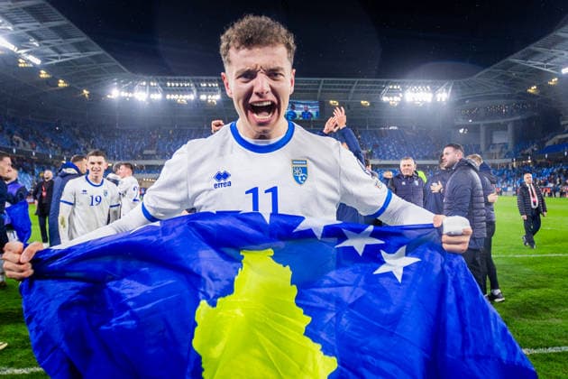 SLOVAKIA - KOSOVO Fisnik Asllani of Kosovo and TSG Hoffenheim celebrates during the knockout (KO) play off of FIFA World Cup, WM, Weltmeisterschaft, Fussball 2026 WM, Weltmeisterschaft, Fussball WM, Weltmeisterschaft, Fussball qualification football match between Slovakia and Kosovo. Narodny futbalovy stadion, National football stadium, Tehelne Pole, Bratislava, Slovakia, March 26, 2026. Photo by Branislav Racko Copyright: xx _BRR3734