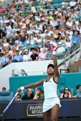 MIAMI GARDENS, FL - MARCH 26: Coco Gauff of the United States serves to Karolina Muchova of Czech Republic during the men™s semifinal match of the Miami Open on March 26, 2026, Hard Rock Stadium in Miami Gardens, Florida. (Photo by Michele Eve Sandberg Icon Sportswire) TENNIS: MAR 26 Miami Open EDITORIAL USE ONLY Icon2603260530