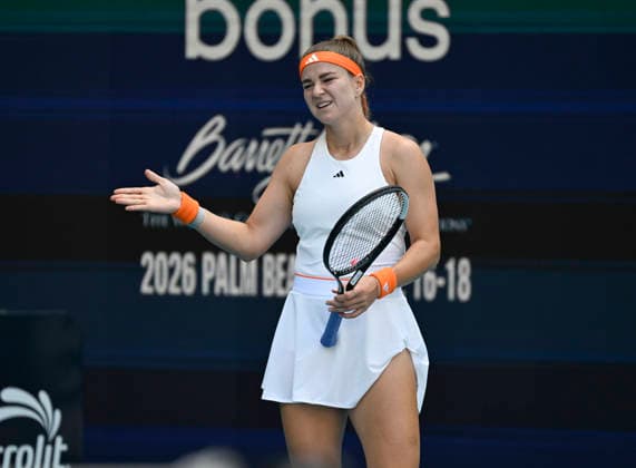 MIAMI GARDENS, FL - MARCH 26: Karolina Muchova of Czech Republic, reacts after the point, against Coco Gauff of the United States during the men™s semifinal match of the Miami Open on March 26, 2026, Hard Rock Stadium in Miami Gardens, Florida. (Photo by Michele Eve Sandberg Icon Sportswire) TENNIS: MAR 26 Miami Open EDITORIAL USE ONLY Icon2603260541