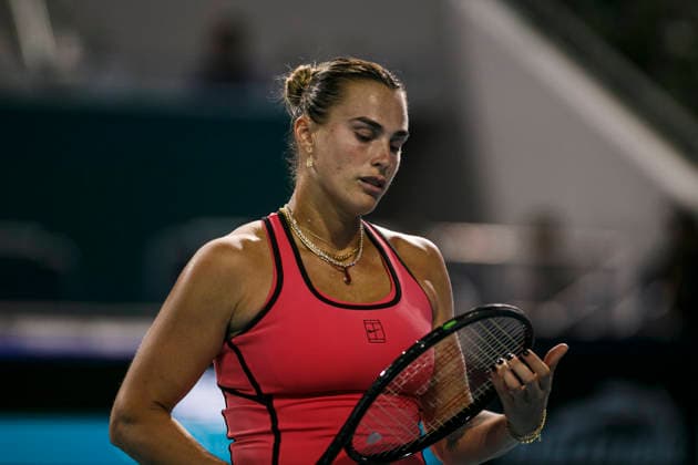 Miami Open Presented by Itau 2026 - March 26 Miami, Florida - March 26: play, react and celebrate during the match between Aryna Sabalenka of Rusia and Elena Rybakina of Kazakhstan of Argentina on day 10 of the Miami Open at Hard Rock Stadium on March 26, 2026 in Miami, Florida, United States. Copyright: xLatinxSportxImagesx