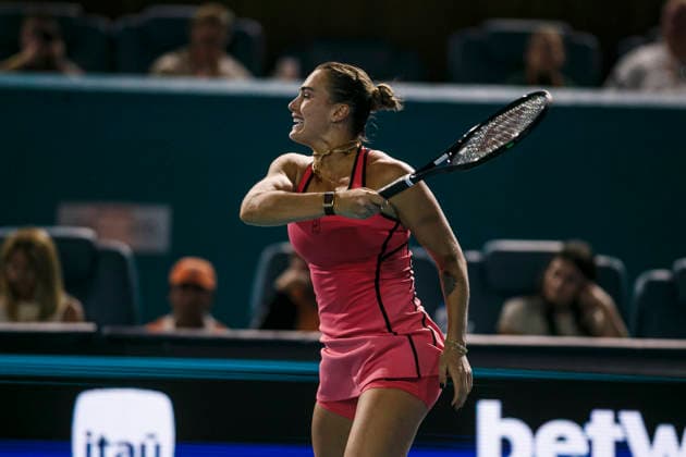 Miami Open Presented by Itau 2026 - March 26 Miami, Florida - March 26: play, react and celebrate during the match between Aryna Sabalenka of Rusia and Elena Rybakina of Kazakhstan of Argentina on day 10 of the Miami Open at Hard Rock Stadium on March 26, 2026 in Miami, Florida, United States. Copyright: xLatinxSportxImagesx