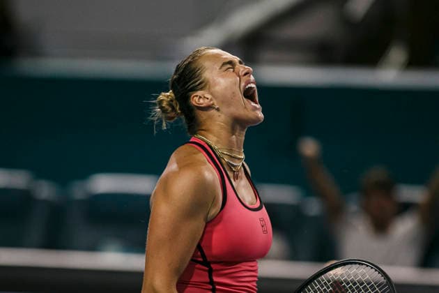 Miami Open Presented by Itau 2026 - March 26 Miami, Florida - March 26: play, react and celebrate during the match between Aryna Sabalenka of Rusia and Elena Rybakina of Kazakhstan of Argentina on day 10 of the Miami Open at Hard Rock Stadium on March 26, 2026 in Miami, Florida, United States. Copyright: xLatinxSportxImagesx