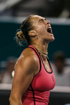 Miami Open Presented by Itau 2026 - March 26 Miami, Florida - March 26: play, react and celebrate during the match between Aryna Sabalenka of Rusia and Elena Rybakina of Kazakhstan of Argentina on day 10 of the Miami Open at Hard Rock Stadium on March 26, 2026 in Miami, Florida, United States. Copyright: xLatinxSportxImagesx
