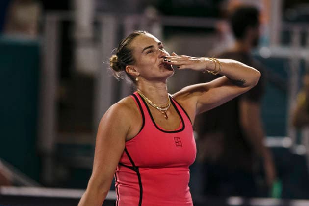 Miami Open Presented by Itau 2026 - March 26 Miami, Florida - March 26: play, react and celebrate during the match between Aryna Sabalenka of Rusia and Elena Rybakina of Kazakhstan of Argentina on day 10 of the Miami Open at Hard Rock Stadium on March 26, 2026 in Miami, Florida, United States. Copyright: xLatinxSportxImagesx