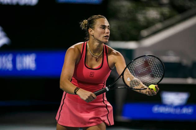 Miami Open Presented by Itau 2026 - March 26 Miami, Florida - March 26: play, react and celebrate during the match between Aryna Sabalenka of Rusia and Elena Rybakina of Kazakhstan of Argentina on day 10 of the Miami Open at Hard Rock Stadium on March 26, 2026 in Miami, Florida, United States. Copyright: xLatinxSportxImagesx