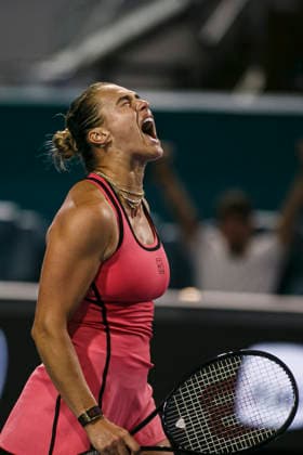 Miami Open Presented by Itau 2026 - March 26 Miami, Florida - March 26: play, react and celebrate during the match between Aryna Sabalenka of Rusia and Elena Rybakina of Kazakhstan of Argentina on day 10 of the Miami Open at Hard Rock Stadium on March 26, 2026 in Miami, Florida, United States. Copyright: xLatinxSportxImagesx