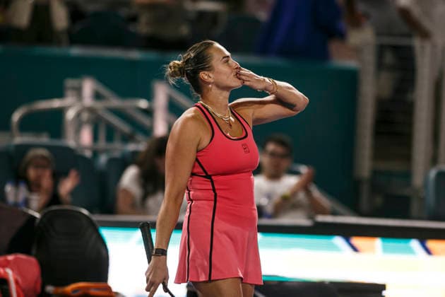 Miami Open Presented by Itau 2026 - March 26 Miami, Florida - March 26: play, react and celebrate during the match between Aryna Sabalenka of Rusia and Elena Rybakina of Kazakhstan of Argentina on day 10 of the Miami Open at Hard Rock Stadium on March 26, 2026 in Miami, Florida, United States. Copyright: xLatinxSportxImagesx
