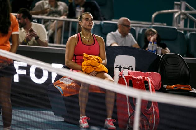 Miami Open Presented by Itau 2026 - March 26 Miami, Florida - March 26: play, react and celebrate during the match between Aryna Sabalenka of Rusia and Elena Rybakina of Kazakhstan of Argentina on day 10 of the Miami Open at Hard Rock Stadium on March 26, 2026 in Miami, Florida, United States. Copyright: xLatinxSportxImagesx