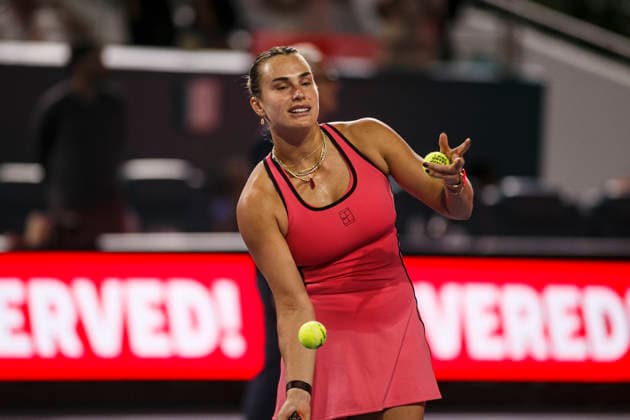 Miami Open Presented by Itau 2026 - March 26 Miami, Florida - March 26: play, react and celebrate during the match between Aryna Sabalenka of Rusia and Elena Rybakina of Kazakhstan of Argentina on day 10 of the Miami Open at Hard Rock Stadium on March 26, 2026 in Miami, Florida, United States. Copyright: xLatinxSportxImagesx