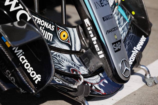 March 27, 2026, Suzuka, Mie Prefecture, Japan: The front wing of the Mercedes-AMG PETRONAS Formula One Team W17 in pit lane ahead of the F1 Grand Prix of Japan at the Suzuka Circuit Suzuka Japan - ZUMAs197 20260327_aaa_s197_009 Copyright: xGeorgexHitchensx
