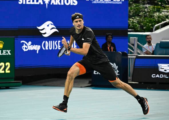 MIAMI GARDENS, FL - MARCH 26: Alexander Zverev of Germany, runs for the ball, playing against, Francisco Cerundolo of Argentina, during the men™s quarterfinal match of the Miami Open on March 26, 2026, Hard Rock Stadium in Miami Gardens, Florida. (Photo by Michele Eve Sandberg Icon Sportswire) TENNIS: MAR 26 Miami Open EDITORIAL USE ONLY Icon2603260590