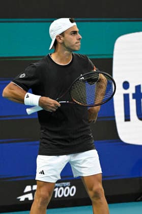 MIAMI GARDENS, FL - MARCH 26: Francisco Cerundolo of Argentina reacts after the point, playing against, Alexander Zverev of Germany, during the men™s quarterfinal match of the Miami Open on March 26, 2026, Hard Rock Stadium in Miami Gardens, Florida. (Photo by Michele Eve Sandberg Icon Sportswire) TENNIS: MAR 26 Miami Open EDITORIAL USE ONLY Icon2603260564