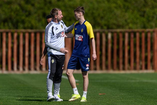 260327 Head coach Graham Potter and Williot Swedberg of the Swedish national football team at a training session on March 27, 2026 in Valencia Photo Joel Marklund BILDBYRAN kod JM JM0811 bbeng fotboll football soccer fotball vm kval fifa world cup qualifier träning practice training sverige sweden sverige a  Copyright: JOELxMARKLUND BB260327JM007