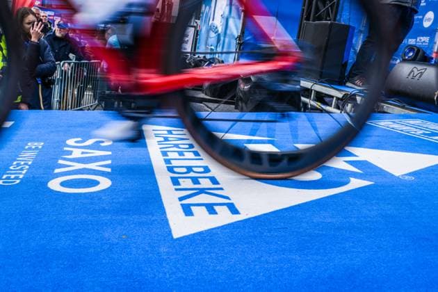 The E3 Harelbeke logo pictured at the start of the E3 Saxo Bank Classic one day cycling race, 208,8km from and to Harelbeke, on Friday 27 March 2026. DAVIDxPINTENS  x169054474x