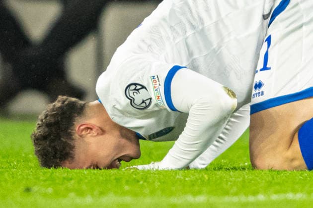 Lucky Fisnik Asllani a goal celebrate during World Cup qualifier, Slovakia - Kosovo , 26. march 2026, Stadium Tehelne Pole, Bratislava, Slovakia Copyright: xMICHALxFAJT,ZOSPORTU.SKx MAR_7915