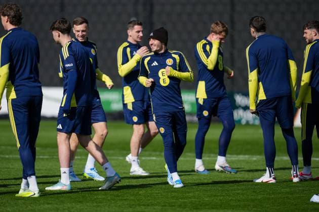Billy Gilmour of Scotland with team mates. Scotland Training Session, International Friendly, Länderspiel, Nationalmannschaft Football, Hampden Park, Glasgow, Scotland, UK - 27 Mar 2026Glasgow Hampden Park United Kingdom EDITORIAL USE ONLY No use with unauthorised audio, video, data, fixture lists, club league logos or live services. Online in-match use limited to 120 images, no video emulation. No use in betting, games or single club league player publications. Copyright: xStuartxWallace Shutterstockx 16788915n