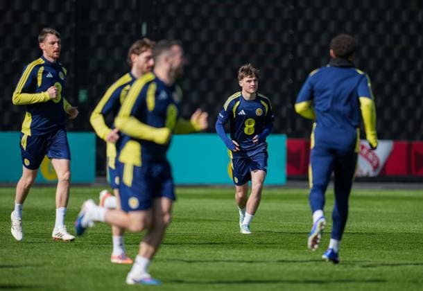 Findlay Curtis of Scotland with team mates. Scotland Training Session, International Friendly, Länderspiel, Nationalmannschaft Football, Hampden Park, Glasgow, Scotland, UK - 27 Mar 2026Glasgow Hampden Park United Kingdom EDITORIAL USE ONLY No use with unauthorised audio, video, data, fixture lists, club league logos or live services. Online in-match use limited to 120 images, no video emulation. No use in betting, games or single club league player publications. Copyright: xStuartxWallace Shutterstockx 16788915v