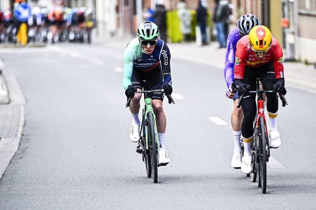 Belgian Stan Dewulf of Decathlon CMA CGM Team and Norwegian Sven Erik Bystrom of Uno-X Mobility pictured in action during the E3 Saxo Bank Classic one day cycling race, 208,8km from and to Harelbeke, on Friday 27 March 2026. JASPERxJACOBS  x169064300x