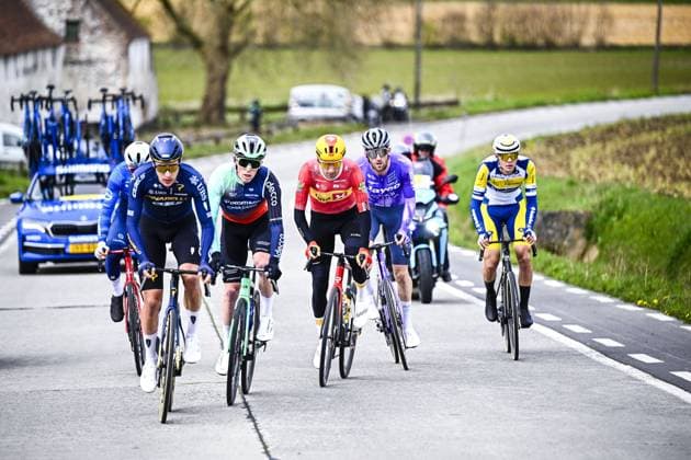 Canadian Nickolas Zukowsky of Pinarello Q36.5 Pro Cycling Team and Belgian Stan Dewulf of Decathlon CMA CGM Team pictured in action during the E3 Saxo Bank Classic one day cycling race, 208,8km from and to Harelbeke, on Friday 27 March 2026. JASPERxJACOBS  x169064562x
