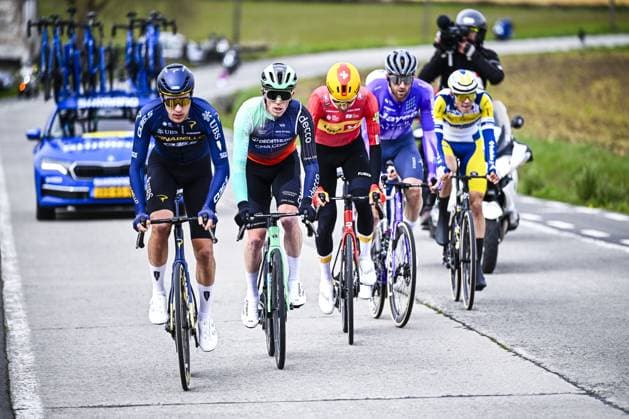 Canadian Nickolas Zukowsky of Pinarello Q36.5 Pro Cycling Team and Belgian Stan Dewulf of Decathlon CMA CGM Team pictured in action during the E3 Saxo Bank Classic one day cycling race, 208,8km from and to Harelbeke, on Friday 27 March 2026. JASPERxJACOBS  x169067355x