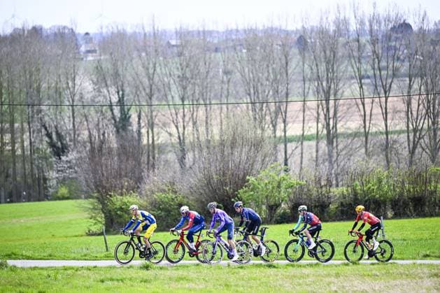Belgian Michiel Lambrecht of Team Flanders-Baloise, French Bastien Tronchon of Groupama&FDJ United, Australian Luke Durbridge of Team Jayco-AIUIa, Canadian Nickolas Zukowsky of Pinarello Q36.5 Pro Cycling Team, Belgian Stan Dewulf of Decathlon CMA CGM Team and Norwegian Sven Erik Bystrom of Uno-X Mobility pictured in action during the E3 Saxo Bank Classic one day cycling race, 208,8km from and to Harelbeke, on Friday 27 March 2026. JASPERxJACOBS  x169070771x