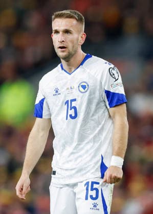 Cardiff, Wales, 26th March 2026. Amar Memic of Bosnia and Herzegovina during the Wales vs Bosnia-Herzegovina FIFA World Cup, WM, Weltmeisterschaft, Fussball European Qualifying play off Semi Final match at the Cardiff City Stadium, Cardiff. Picture credit should read: Cody Froggatt Sportimage EDITORIAL USE ONLY. No use with unauthorised audio, video, data, fixture lists, club league logos or live services. Online in-match use limited to 120 images, no video emulation. No use in betting, games or single club league player publications. SPI_137_CF_Wales_Bosnia SPI-4638-0137