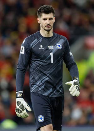 Cardiff, Wales, 26th March 2026. Nikola Vasilj of Bosnia and Herzegovina during the Wales vs Bosnia-Herzegovina FIFA World Cup, WM, Weltmeisterschaft, Fussball European Qualifying play off Semi Final match at the Cardiff City Stadium, Cardiff. Picture credit should read: Cody Froggatt Sportimage EDITORIAL USE ONLY. No use with unauthorised audio, video, data, fixture lists, club league logos or live services. Online in-match use limited to 120 images, no video emulation. No use in betting, games or single club league player publications. SPI_163_CF_Wales_Bosnia SPI-4638-0163