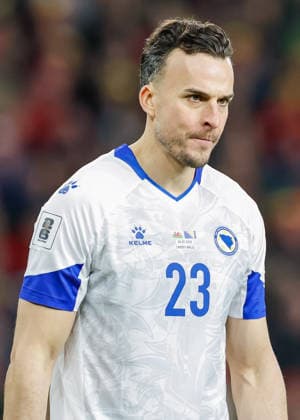 Cardiff, Wales, 26th March 2026. Haris Tabakovic of Bosnia and Herzegovina during the Wales vs Bosnia-Herzegovina FIFA World Cup, WM, Weltmeisterschaft, Fussball European Qualifying play off Semi Final match at the Cardiff City Stadium, Cardiff. Picture credit should read: Cody Froggatt Sportimage EDITORIAL USE ONLY. No use with unauthorised audio, video, data, fixture lists, club league logos or live services. Online in-match use limited to 120 images, no video emulation. No use in betting, games or single club league player publications. SPI_205_CF_Wales_Bosnia SPI-4638-0205