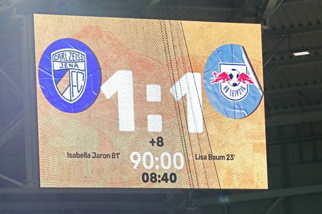 Google Pixel Womens Bundesliga, FC Carl Zeiss Jena RB Leipzig 27 03 2026 The final score of 1 1 on the video wall, Scoreboard Football, Google Pixel Womens Bundesliga, Season 2025 2026, 22 Matchday FC Carl Zeiss Jena vs RB Leipzig on 27 03 2026, Ernst Abbe Sportfeld, ad hoc Arena, Jena DFB REGULATIONS PROHIBIT ANY USE OF PHOTOGRAPHS AS IMAGE SEQUENCES AND OR QUASI VIDEO Copyright: xBEAUTIFULxSPORTS JanxKaeferx