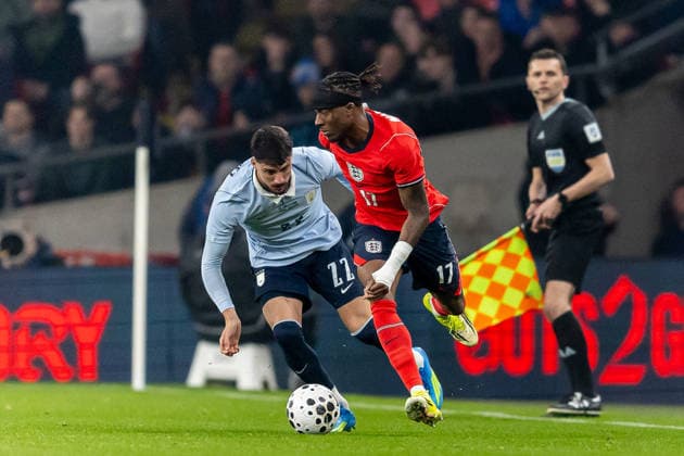 England v Uruguay, Friendly England forward Noni Madueke battles for possession during the Friendly match between England and Uruguay at Wembley Stadium, London, UK on 27 March 2026. London Wembley Stadium Greater London UK Editorial use only , Copyright: xManjitxNarotrax PSI-23956-0005