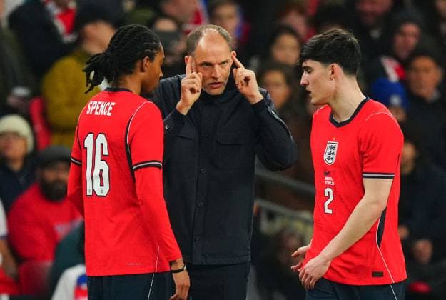 England Head Coach Thomas Tuchel issues instructions to Djed Spence and Tino Livramento England v Uruguay, International Football, Friendly, Football, Wembley Stadium, London, UK - 27 Mar 2026London Wembley Stadium United Kingdom EDITORIAL USE ONLY No use with unauthorised audio, video, data, fixture lists, club league logos or live services. Online in-match use limited to 120 images, no video emulation. No use in betting, games or single club league player publications. Copyright: xJavierxGarcia Shutterstockx 16788932l