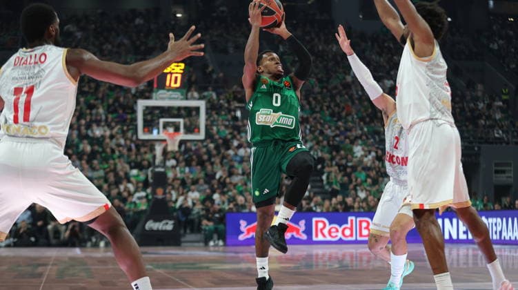 EuroLeague - Panathinaikos Athens vs AS Monaco TJ Shorts (C) of Panathinaikos in action against Alpha Diallo (L) of AS Monaco during the EuroLeague basketball match between Panathinaikos Athens and AS Monaco in Athens, Greece, 27 March 2026. Athens Greece  Copyright: xPETExANDREOUx