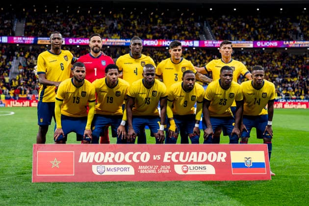 Morocco v Ecuador - International Friendly, Länderspiel, Nationalmannschaft Players of Ecuador (from L to R) William Pacho, Pedro Vite, Hernan Galindez, Gonzalo Plata, Joel Ordonez, Anthony Valencia, Piero Hincapie, John Yeboah, Moises Caicedo, Alan Minda poses for the official photo prior to an international friendly match between Morocco and Ecuador at at Estadio Riyadh Air Metropolitano in Madrid, Spain on March 27, 2026. Madrid Estadio Riyadh Air Metropolitano Madrid Spain Copyright: xAlbertoxGardinx AGardin_20260327_Morocco_Ecuador_0307