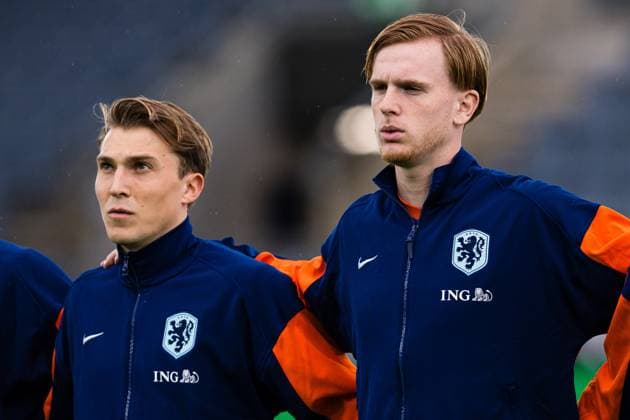 STAVANGER , 27-03-2026 , Lyse Arena , season 2025 2026 , EURO U-21 Qualification football , match between Norway U21, U 21 and The Netherlands u21 . HOLLAND ONLY . Picture shows Netherlands player Jorg Schreuders and Netherlands player Mats Rots Photo: MARIUS SIMENSEN BILDBYRAN Norway u21 - Netherlands u21  x202685809x Copyright: