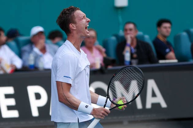 MIAMI GARDENS, FL - MARCH 27: Jiri Lehecka (CZE) celebrates a win after his men™s semi-final singles match against Arthur Fils (FRA) at the Miami Open on March 27, 2026, at Hard Rock Stadium in Miami Gardens, Florida,(Photo by Chris Arjoon Icon Sportswire) TENNIS: MAR 27 Miami Open EDITORIAL USE ONLY Icon2603270010017