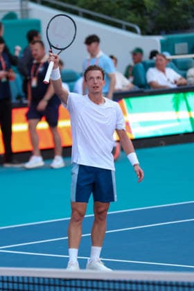 MIAMI GARDENS, FL - MARCH 27: Jiri Lehecka (CZE) celebrates a win after his men™s semi-final singles match against Arthur Fils (FRA) at the Miami Open on March 27, 2026, at Hard Rock Stadium in Miami Gardens, Florida,(Photo by Chris Arjoon Icon Sportswire) TENNIS: MAR 27 Miami Open EDITORIAL USE ONLY Icon2603270010021