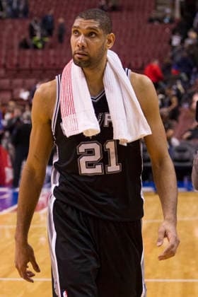 January 21, 2013: San Antonio Spurs power forward Tim Duncan (21) looks on following the NBA, Basketball Herren, USA game between the San Antonio Spurs and the Philadelphia 76ers at the Wells Fargo Center in Philadelphia, Pennsylvania. The San Antonio Spurs beat the Philadelphia 76ers, 90-85. Copyright: xChrisxSzagolax