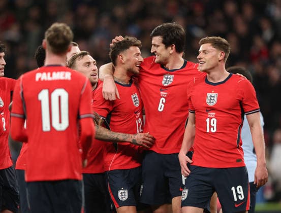 Ben White of England is congratulated by teammates after scoring the first England goal (1-0) at the England v Uruguay Friendly international match, Länderspiel, Nationalmannschaft at Wembley Stadium, London, UK on 27th March, 2026. 