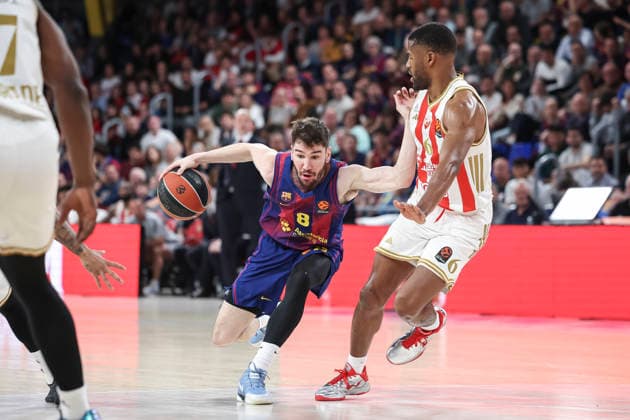 March 27, 2026, Barcelona, Barcelona, Spain: Dario Brizuela of FC Barcelona, Barca and Jared Butler of Crvena Zvezda Meridianbet Belgrade in action during the EuroLeague Regular Season Round 34 match played between FC Barcelona and Crvena Zvezda Meridianbet Belgrade at Palau Blaugrana on March 27, 2026 in Barcelona, Spain. FC Barcelona V Crvena Zvezda Meridianbet Belgrade - Euroleague 2025 2026  - ZUMAa181 20260327_zaa_a181_102 Copyright: xJavierxBorregox