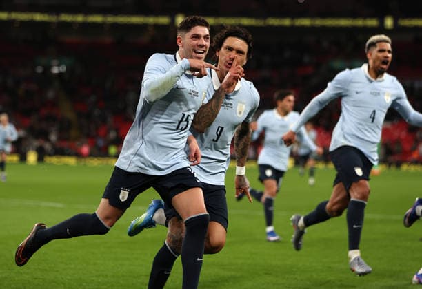 Federico Valverde of Uruguay celebrates with Darwin Nunez after he scores an equalising goal from the penalty spot in injury time to make it 1-1 England v Uruguay. Football. Wembley Stadium, London, UK. 27 MAR 2026Wembley Wembley Stadium LONDON United Kingdom  Copyright: xJASONPIX Shutterstockx 16805560cd