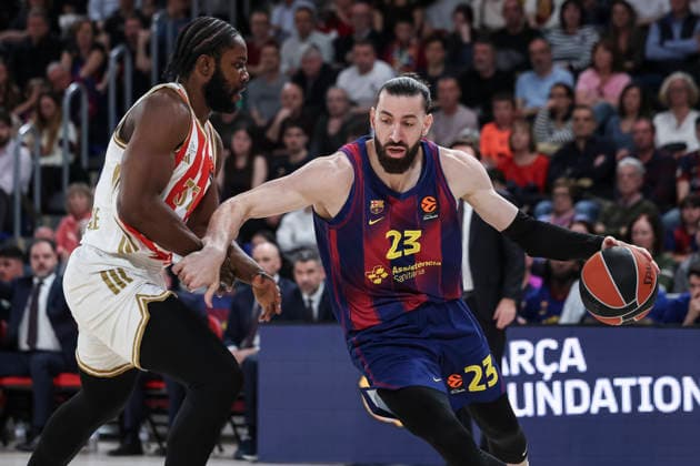 March 27, 2026, Barcelona, Barcelona, Spain: Tornike Shengelia of FC Barcelona, Barca and Semi Ojeleye of Crvena Zvezda Meridianbet Belgrade in action during the EuroLeague Regular Season Round 34 match played between FC Barcelona and Crvena Zvezda Meridianbet Belgrade at Palau Blaugrana on March 27, 2026 in Barcelona, Spain. Barcelona Spain - ZUMAa181 20260327_zaa_a181_085 Copyright: xJavierxBorregox