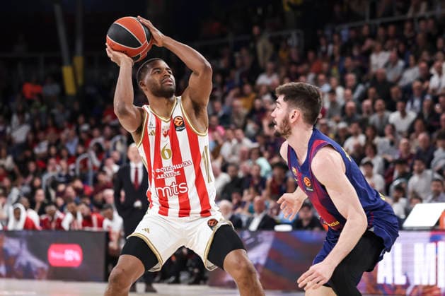 March 27, 2026, Barcelona, Barcelona, Spain: Jared Butler of Crvena Zvezda Meridianbet Belgrade and Dario Brizuela of FC Barcelona, Barca in action during the EuroLeague Regular Season Round 34 match played between FC Barcelona and Crvena Zvezda Meridianbet Belgrade at Palau Blaugrana on March 27, 2026 in Barcelona, Spain. FC Barcelona V Crvena Zvezda Meridianbet Belgrade - Euroleague 2025 2026  - ZUMAa181 20260327_zaa_a181_152 Copyright: xJavierxBorregox