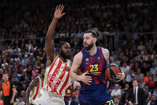 March 27, 2026, Barcelona, Barcelona, Spain: Tornike Shengelia of FC Barcelona, Barca and Semi Ojeleye of Crvena Zvezda Meridianbet Belgrade in action during the EuroLeague Regular Season Round 34 match played between FC Barcelona and Crvena Zvezda Meridianbet Belgrade at Palau Blaugrana on March 27, 2026 in Barcelona, Spain. Barcelona Spain - ZUMAa181 20260327_zaa_a181_107 Copyright: xJavierxBorregox