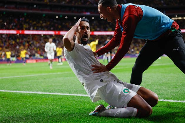 March 27, 2026, Madrid, Madrid, Spain: Mohamed Rabie Hrimat of Morocco celebrates a goal dismissed by VAR during the International Friendly, Länderspiel, Nationalmannschaft football match played between Morocco and Ecuador at Riyadh Air Metropolitano stadium on March 27, 2026, in Madrid, Spain. Madrid Spain - ZUMAa181 20260327_zaa_a181_148 Copyright: xDennisxAgyemanx