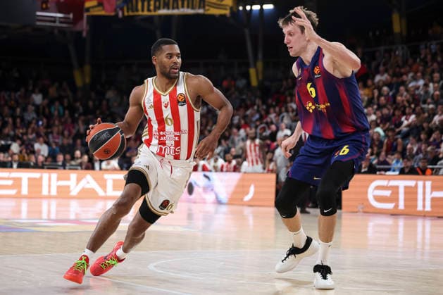 March 27, 2026, Barcelona, Barcelona, Spain: Jared Butler of Crvena Zvezda Meridianbet Belgrade and Jan Vesely of FC Barcelona, Barca in action during the EuroLeague Regular Season Round 34 match played between FC Barcelona and Crvena Zvezda Meridianbet Belgrade at Palau Blaugrana on March 27, 2026 in Barcelona, Spain. Barcelona Spain - ZUMAa181 20260327_zaa_a181_157 Copyright: xJavierxBorregox